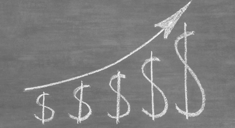 Chalk drawing of dollar signs increasing in size along an upward arrow, symbolizing the rising trend of home prices.