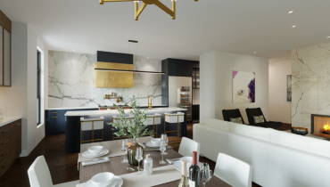 Interior view of a modern kitchen and living space with elegant design elements.
