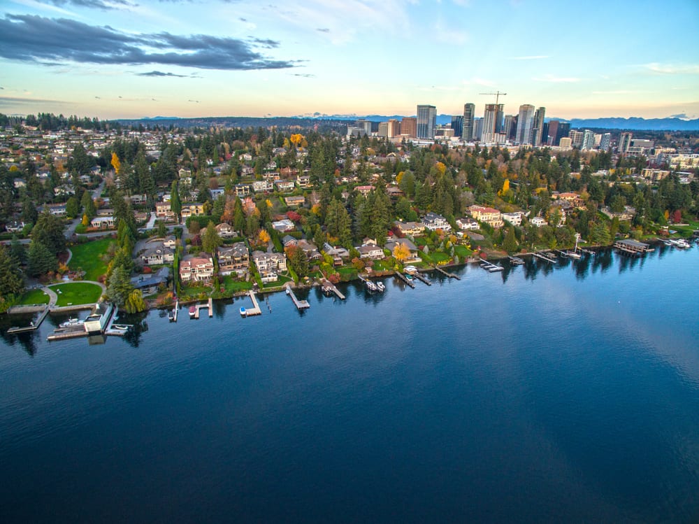 Aerial view of a Bellevue neighborhood by the water, showcasing beautiful homes and the city skyline in the background.