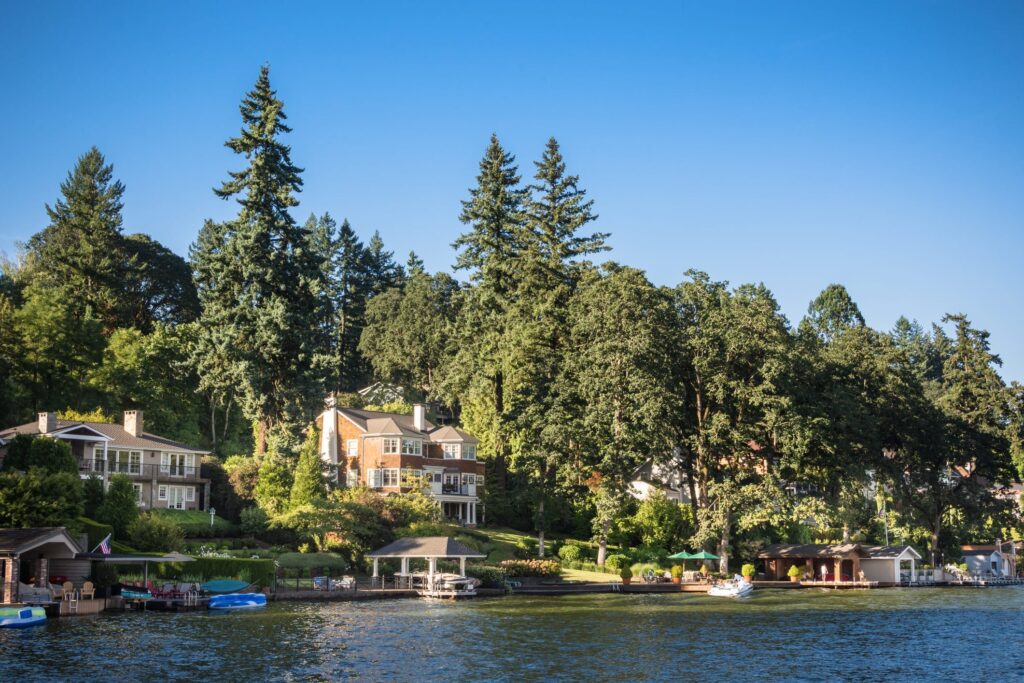 Scenic view of homes by the lake